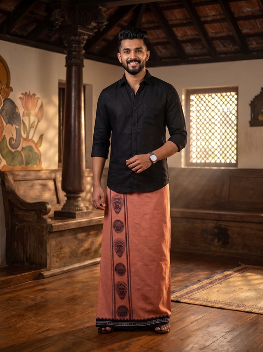 Southloom Saffron (Kaavi) Black Printed Single Mundu / Lungi (South Indian Kerala Dhoti)