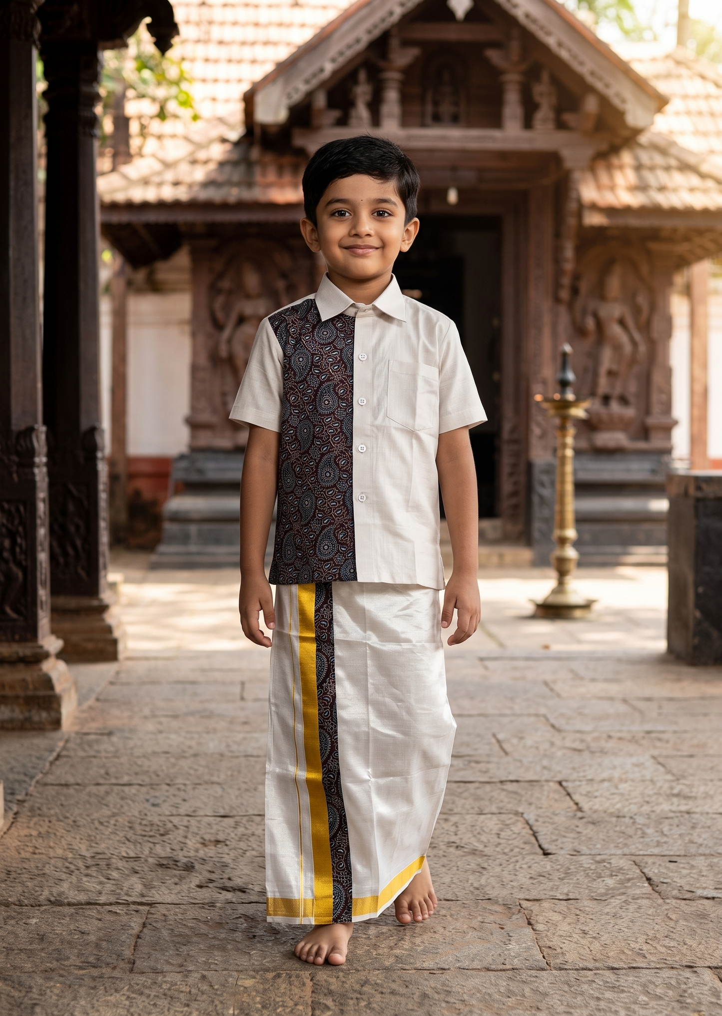 Southloom Tissue Ajrakh Printed Kids's Combo (Shirt + Velcro Mundu) SLKCOMBO