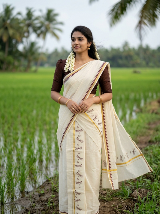 Southloom Kerala Cotton Single Set Mundu (Mundum Neriyathum) with Brown Thumbi Block Printed Design And Gold Kasavu 2.80Mtrs SL151