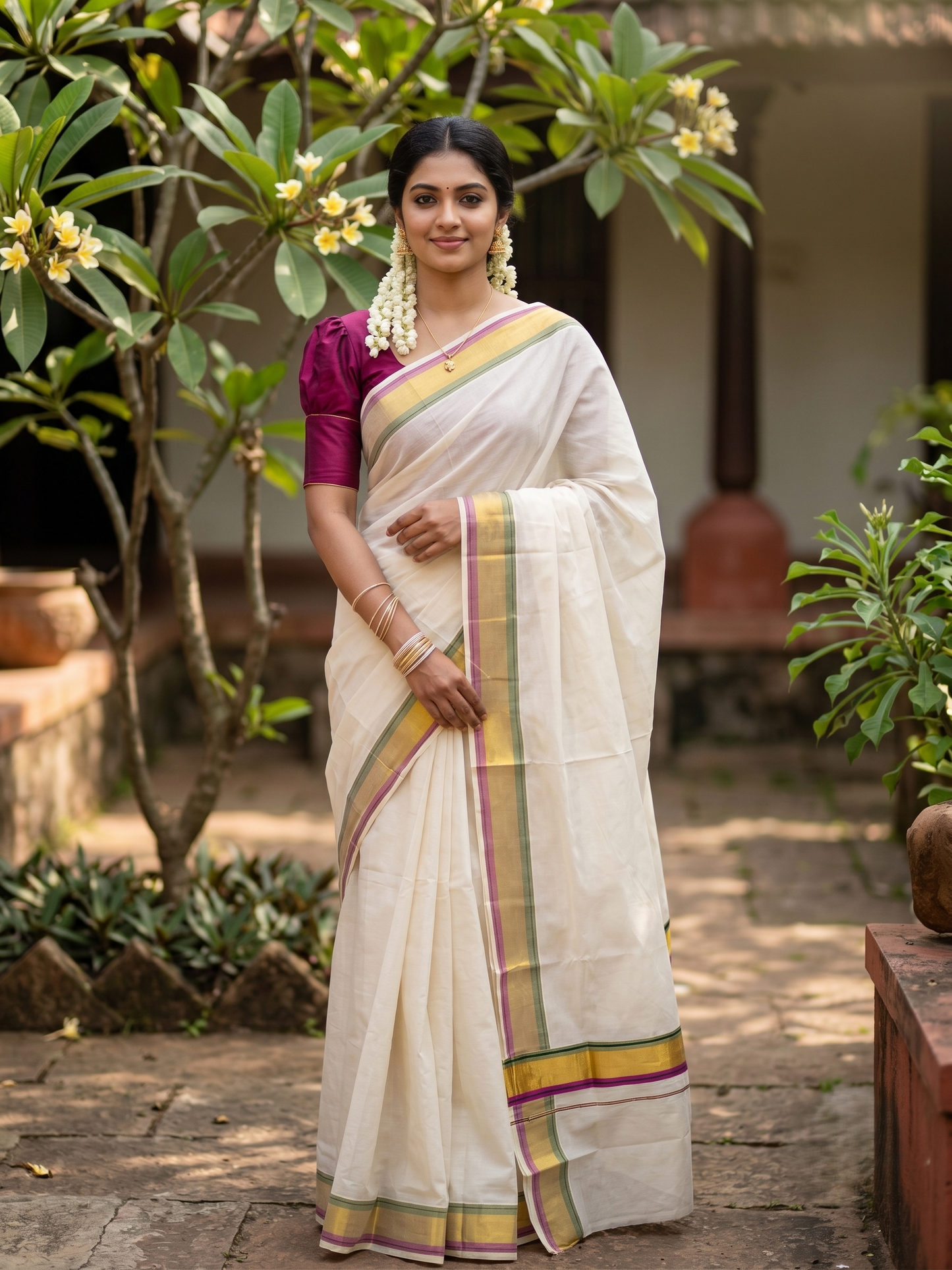Southloom Kerala Cotton Kasavu Saree with Green And Magenta Border