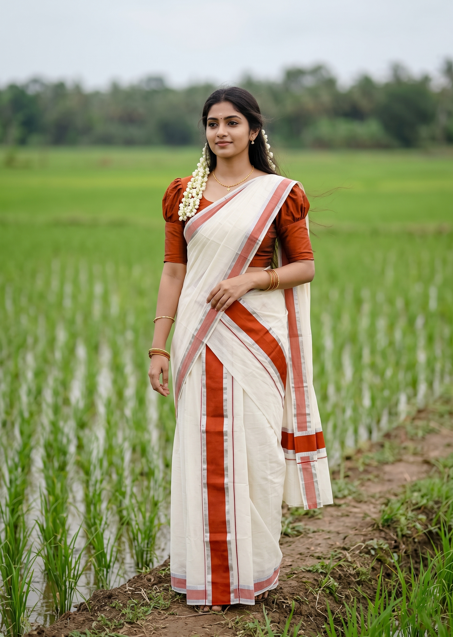 Kerala Cotton Mundum Neriyathum Single (Set Mundu) with Dark Orange and Silver Kasavu Border 2.80 Mtrs  SLKK SL470