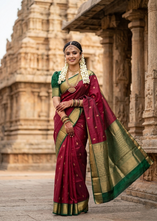 Southloom Pure Handloom Bridal Kanchipuram Silk Saree with Korvai Work (Maroon & Green)