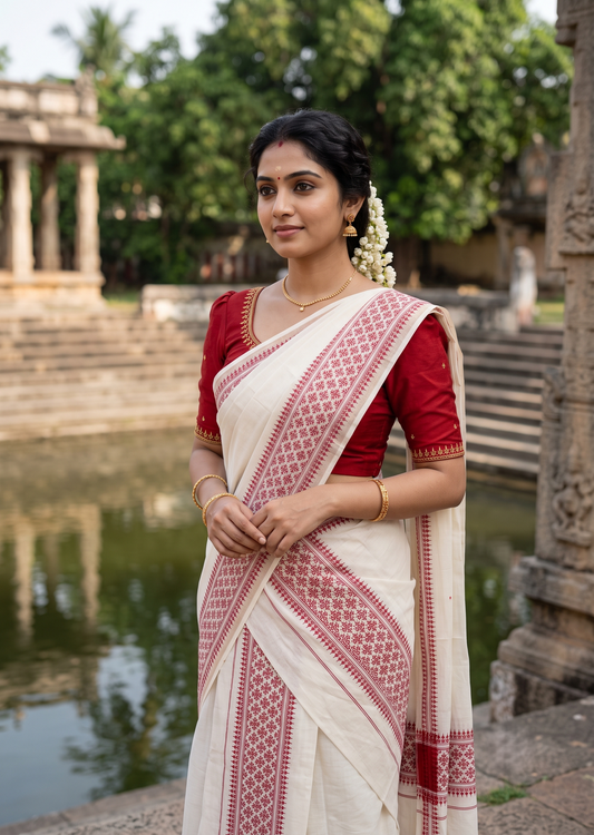 Southloom Kerala Cotton Set Mundu (Mundum Neriyathum) with Red Floral Prints on Border-2.80Mtrs SL625