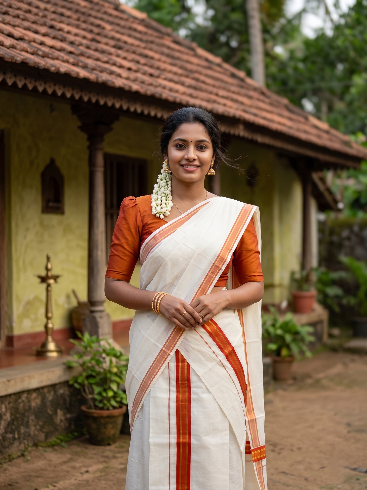 Southloom Kerala Cotton Set Mundu (Mundum Neriyathum) with Kasavu and Orange Border