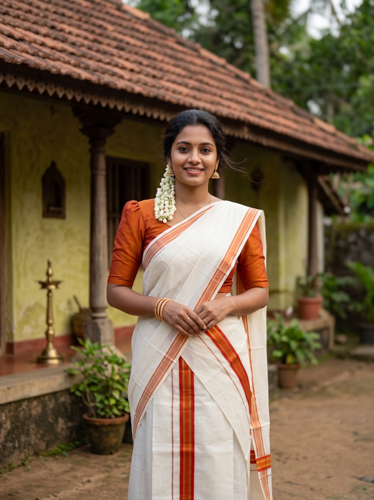 Southloom Kerala Cotton Set Mundu (Mundum Neriyathum) with Kasavu and Orange Border