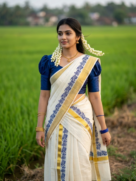 Southloom Pure Cotton Kerala Single Floral Print Set Mundu (Mundum Neriyathum) Blue Border in 2.80 mtrs SL245