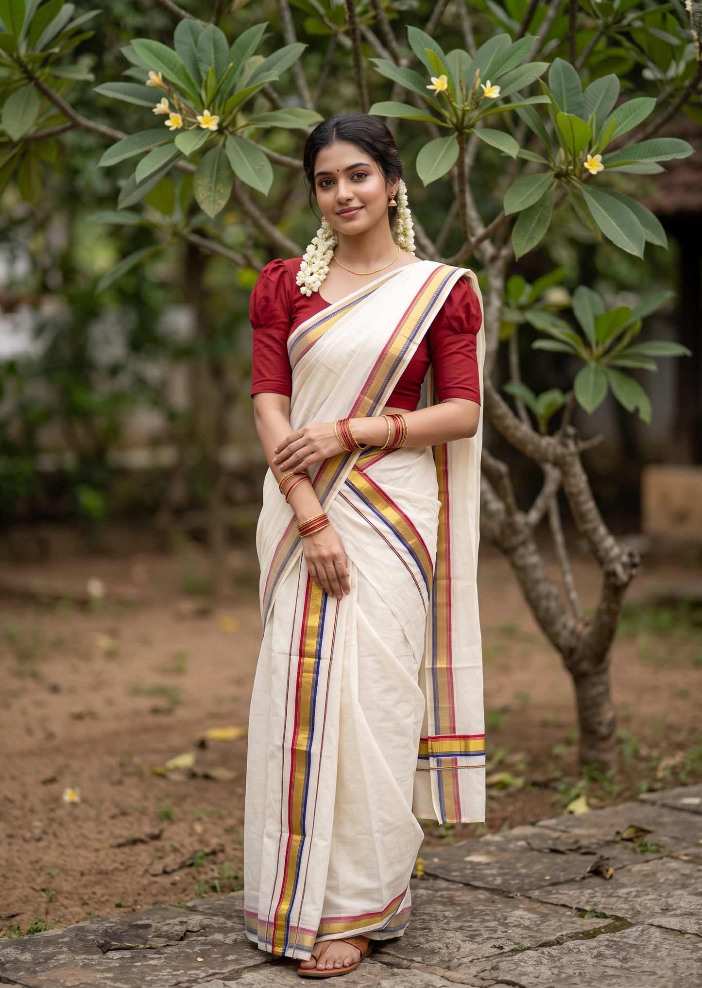 Kerala Cotton Set Mundu (Mundum Neriyathum) with Kasavu and Blue &Dark Pink Border 2.80 Mtrs SLKK SL470