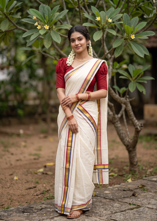Kerala Cotton Set Mundu (Mundum Neriyathum) with Kasavu and Blue &Dark Pink Border 2.80 Mtrs SLKK SL470