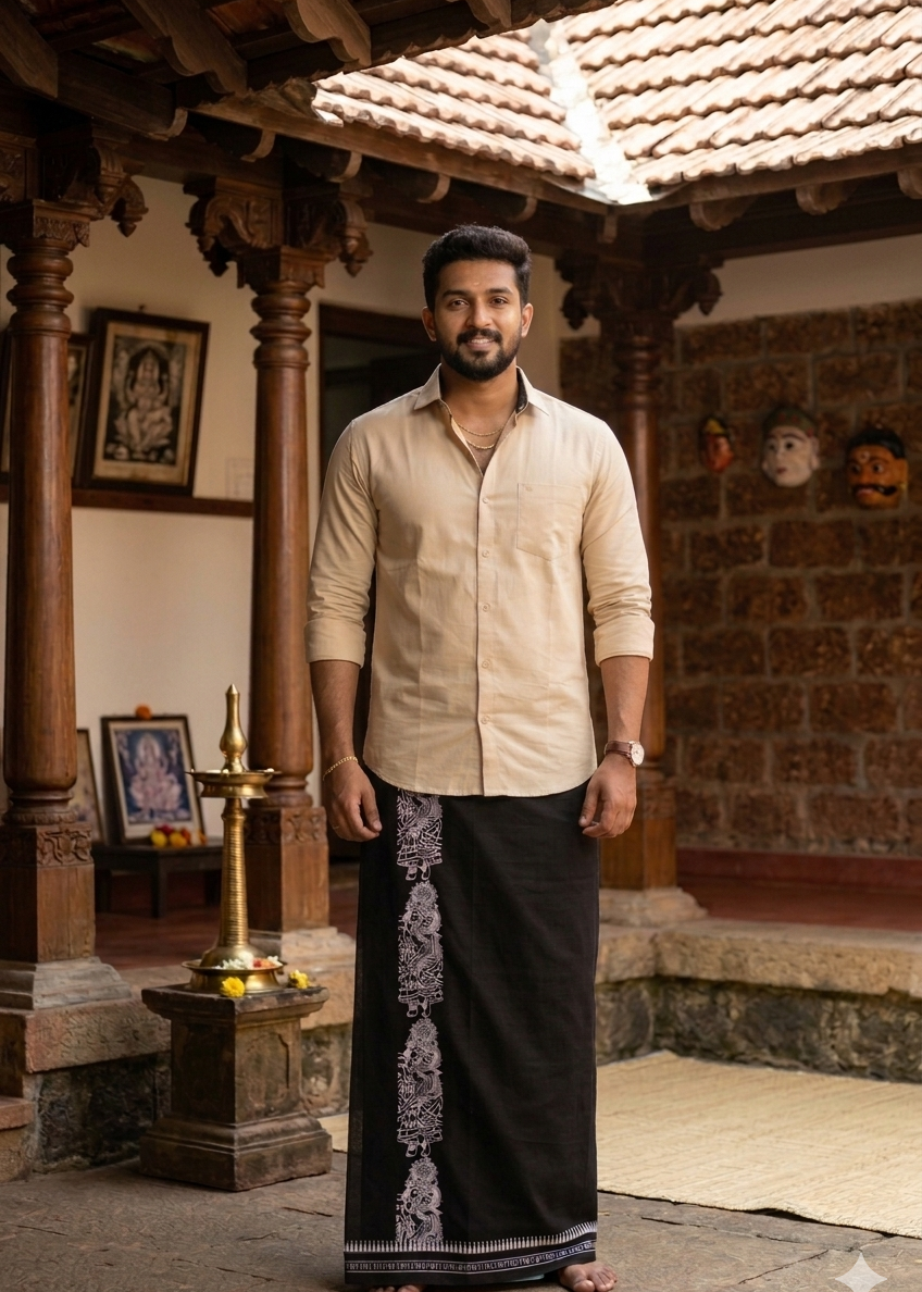 Black Printed Single Dhoti / Otta Mundu SL319