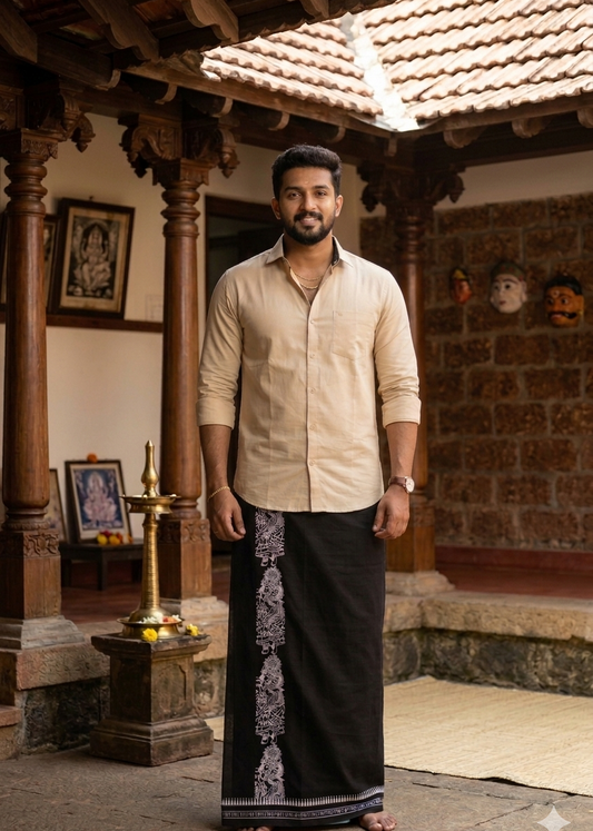 Black Printed Single Dhoti / Otta Mundu SL319