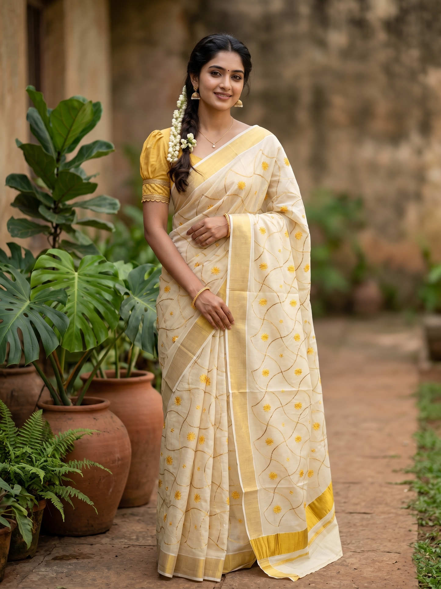 Southloom Tissue Kerala Kasavu Saree with Floral Embroidery Work on Body in Yellow