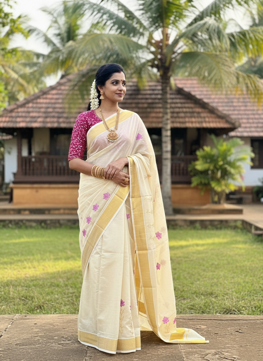 Southloom Kerala Tissue Kasavu Saree with Pink Floral Print on Body and Border