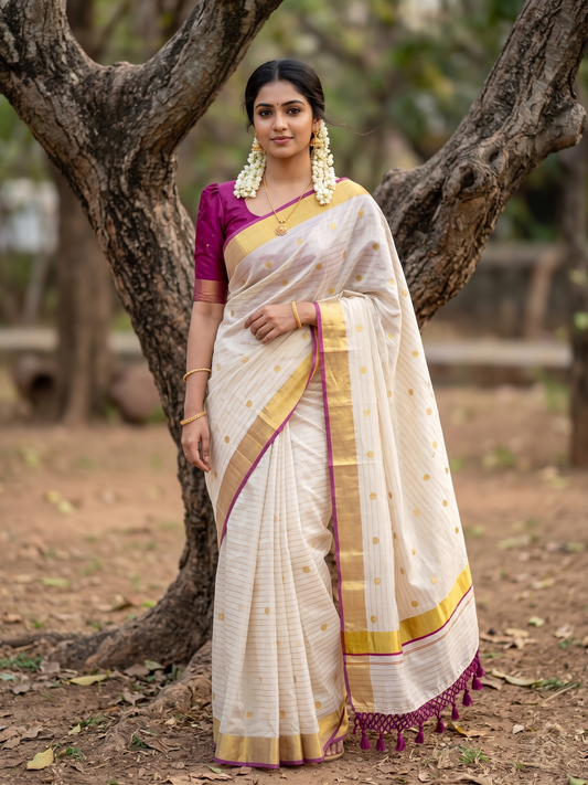 Southloom Kerala Tissue Kasavu Saree with Gold Polka Embroidery Works on Body in Magenta