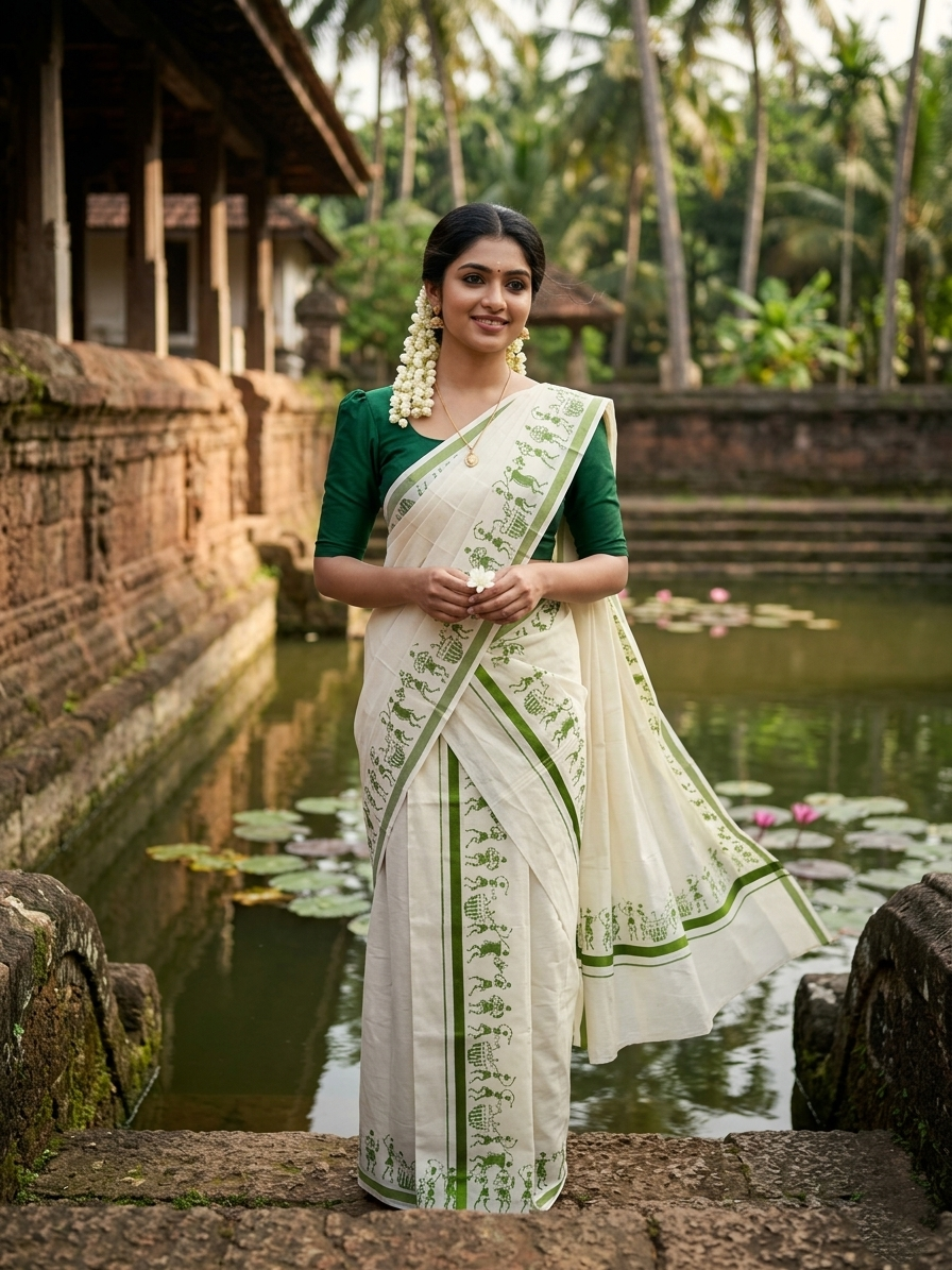 Southloom Pure Cotton Kerala Single Warly Print Set Mundu (Mundum Neriyathum) Olive Green Border in 2.50 mtrs  SL246