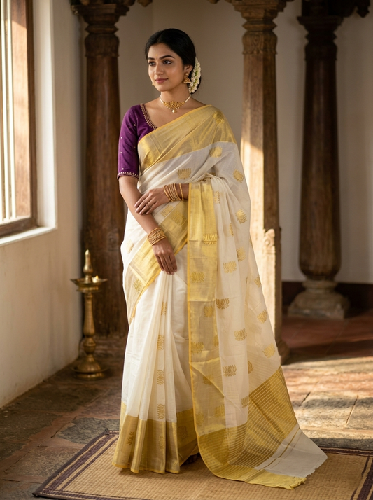 Southloom Kerala Cotton Kasavu Saree with Lotus Woven Work on Body