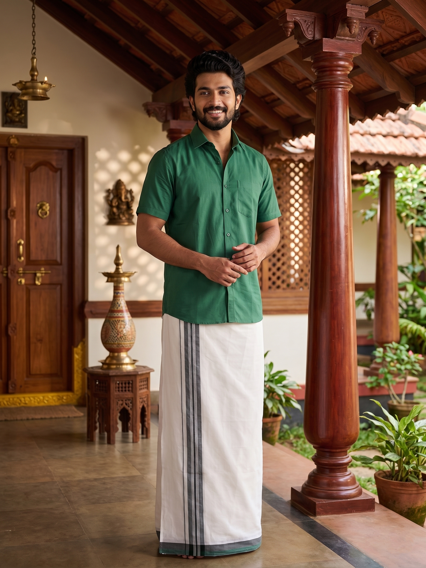Southloom Pure White Cotton Double Mundu with Green and Grey Border (South Indian Dhoti)