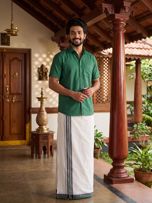 Southloom Pure White Cotton Double Mundu with Green and Grey Border (South Indian Dhoti)