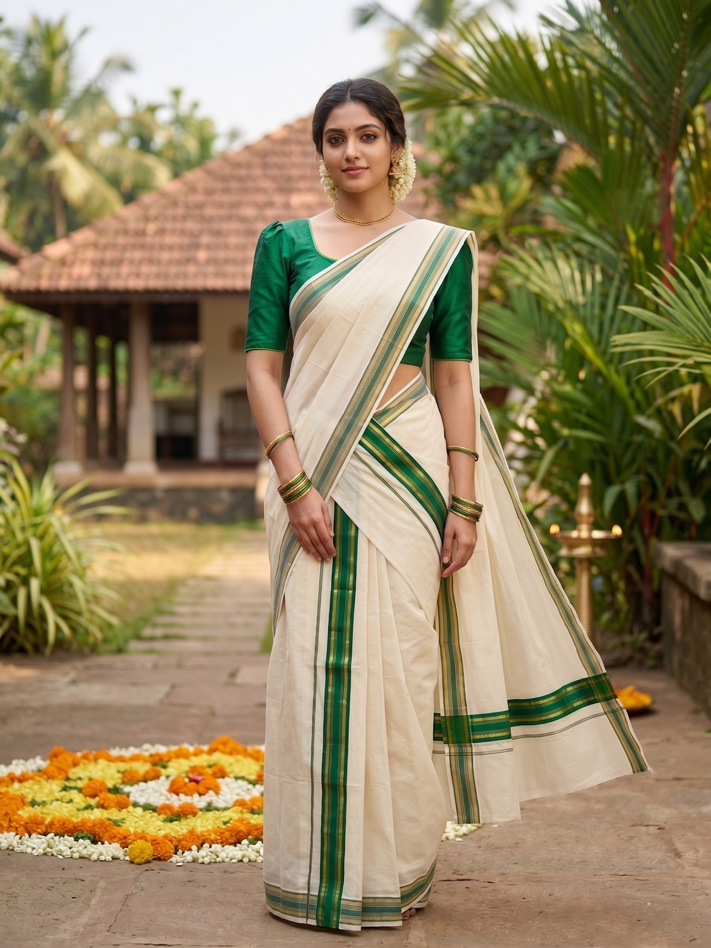 Southloom Kerala Cotton Kasavu Single Set Mundu (Mundum Neriyathum) with Green Kasavu Border SLKK