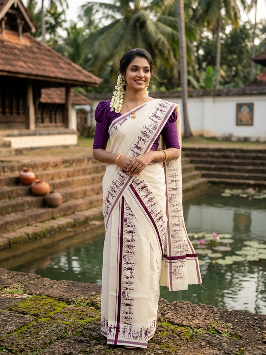 Southloom Pure Cotton Kerala Single Warly Print Set Mundu (Mundum Neriyathum) Purple Border in 2.50 mtrs SL246