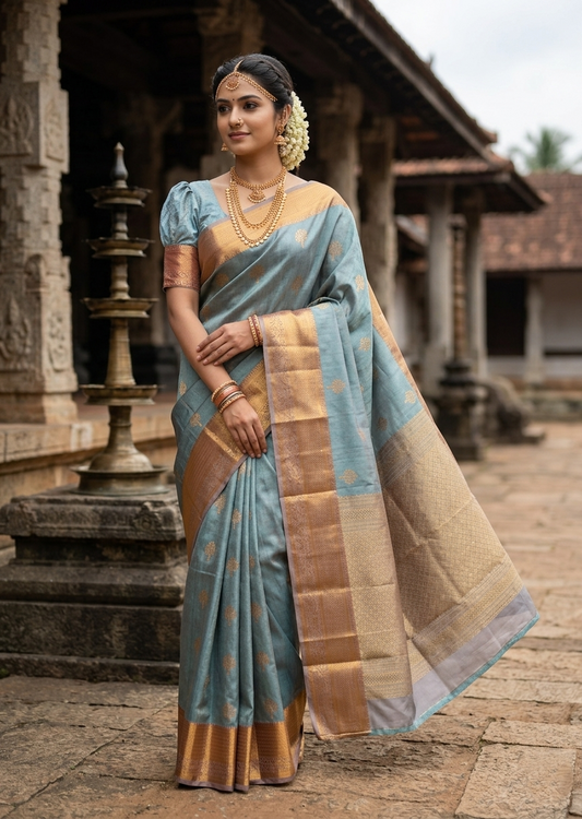 Southloom Pure Handloom Bridal Kanchipuram Silk Saree with Korvai Work (Blue& Gray)
