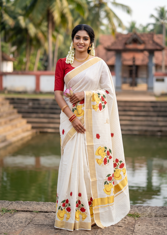 Southloom Cotton Kerala Kasavu Saree with Hand Painted Embroidery Lotus With Nandhi Design In Red SL593