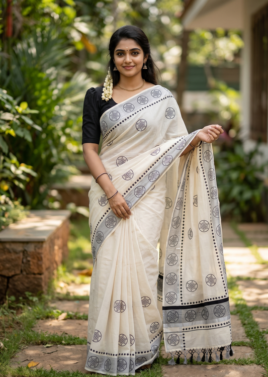 Southloom Cotton Kerala Kasavu Saree with Digital Print on Body in Black SL519