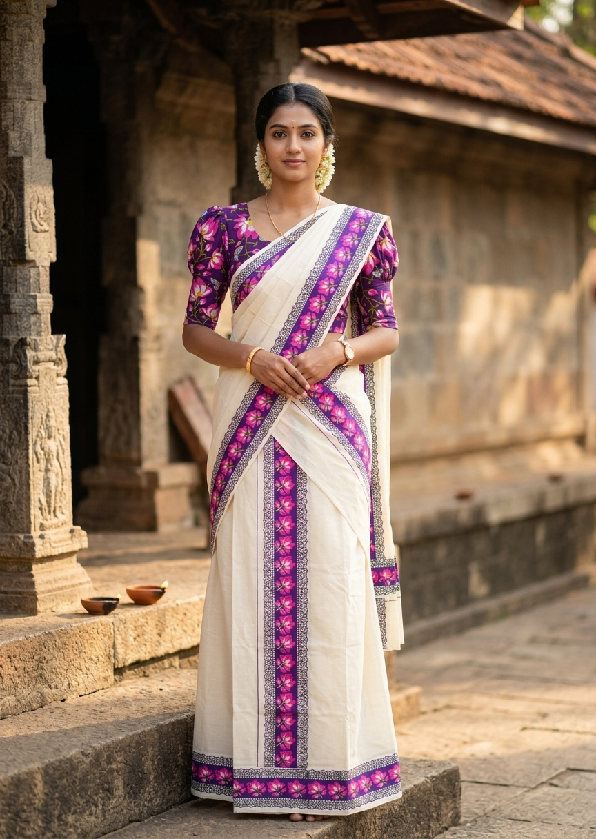 Southloom Pure Cotton Kerala Single Set Mundu (Mundum Neriyathum) with Lotus Digital Prints in Purple 2.80 Mtrs SL549