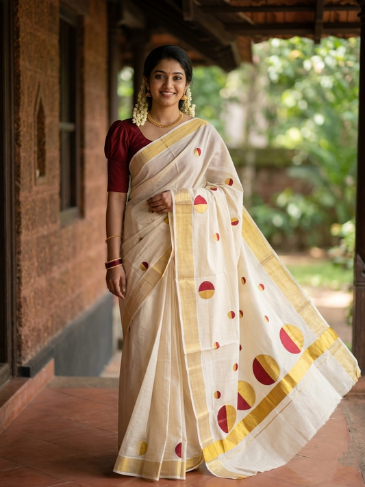 Southloom Kerala Tissue Kasavu Saree With Maroon Polka Dots Embroidery on Body