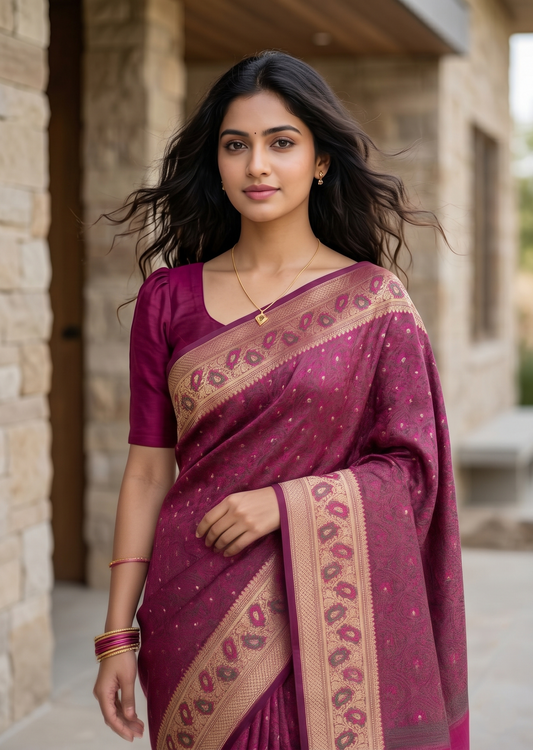 Southloom Resham Work Soft Cotton Banarasi Saree with Woven Work on Body and Borders
