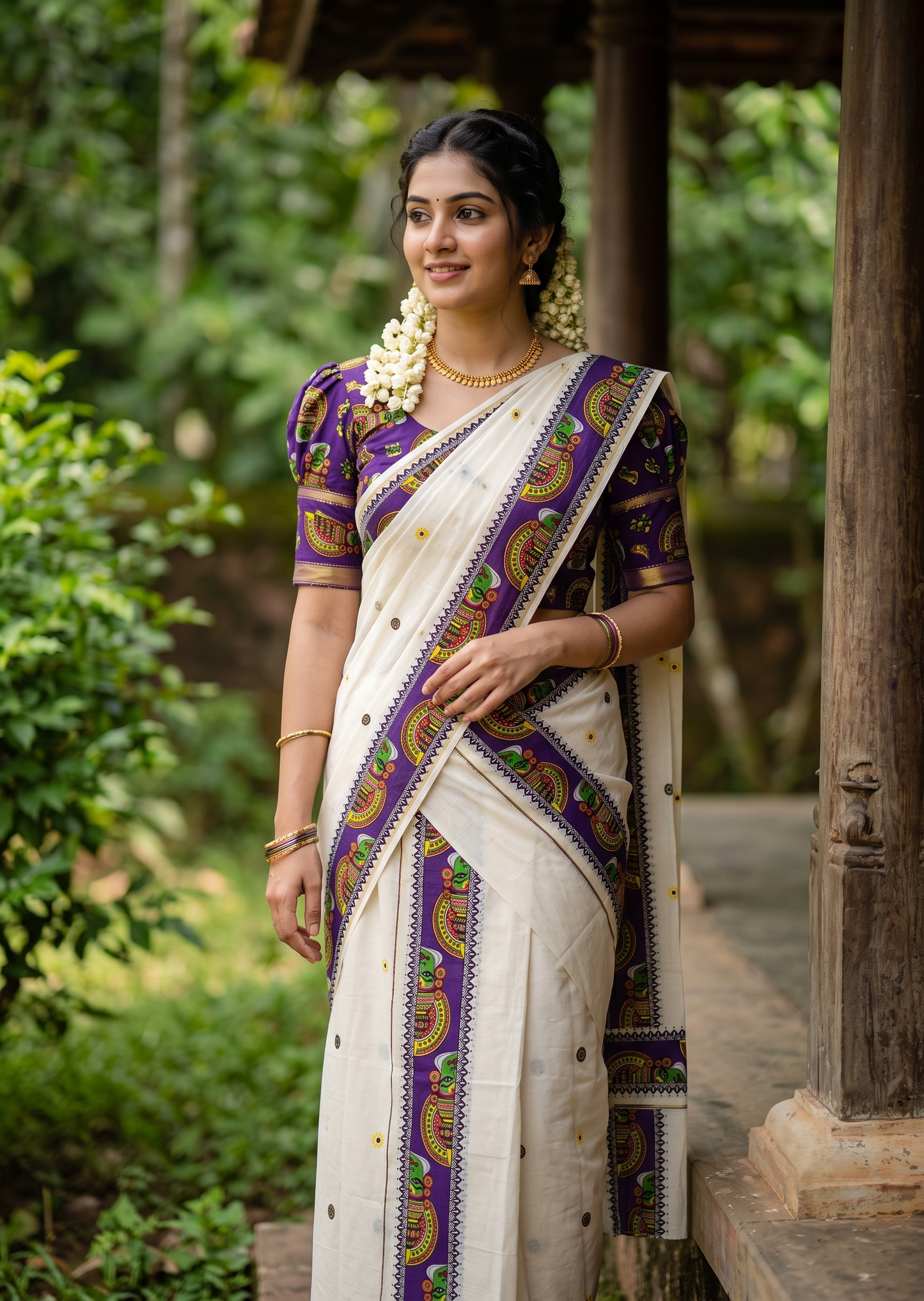 Southloom Kerala Pure Cotton Set Mundu (Mundum Neriyathum) with Violet Kathakali Block Prints on Border-2.80Mtrs SL621