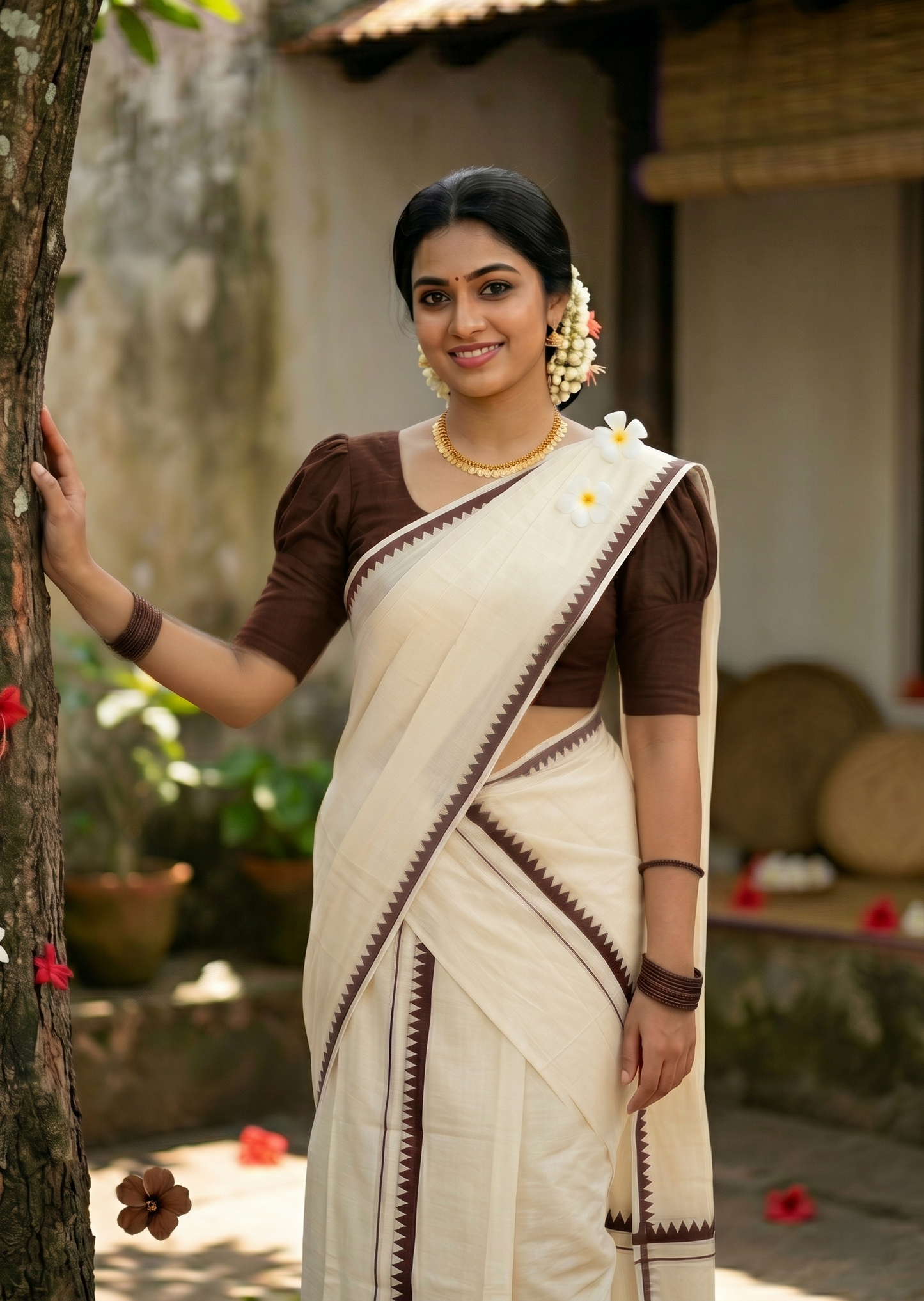 Southloom Pure Cotton Kerala Single Set Mundu (Mundum Neriyathum) with Temple Design in Brown 2.80 Mtrs