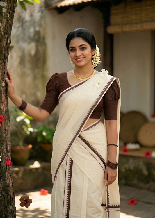 Southloom Pure Cotton Kerala Single Set Mundu (Mundum Neriyathum) with Temple Design in Brown 2.80 Mtrs