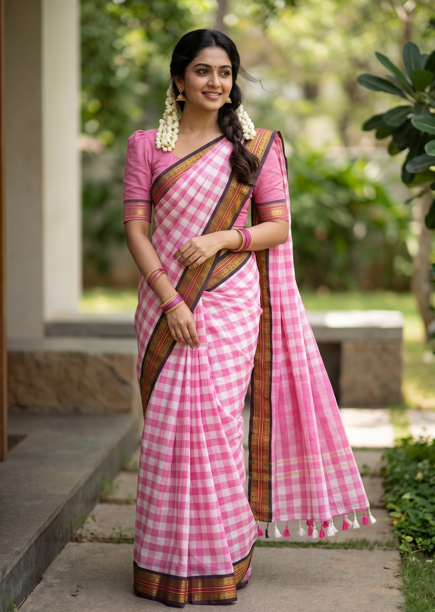 Southloom Mul Cotton 120 x 120 Soft Fabric Saree with Pink Check Desgin in Body SL215