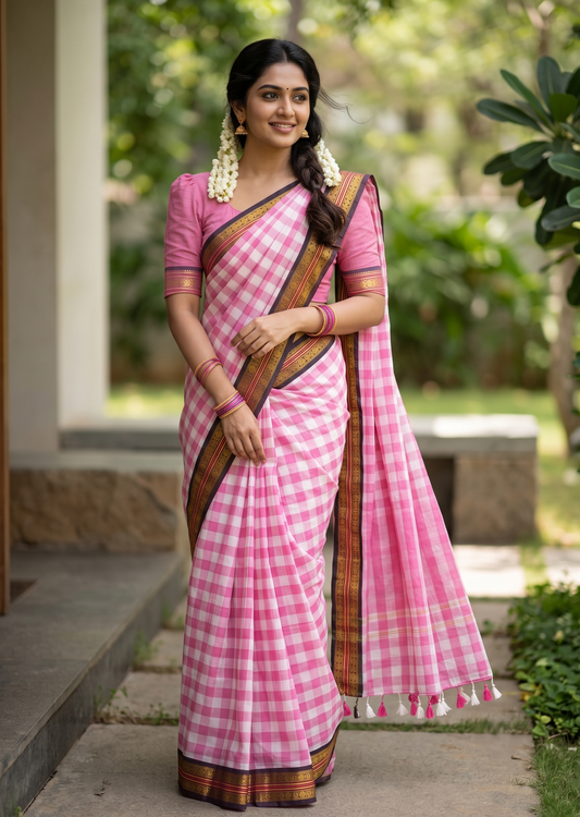 Southloom Mul Cotton 120 x 120 Soft Fabric Saree with Pink Check Desgin in Body SL215