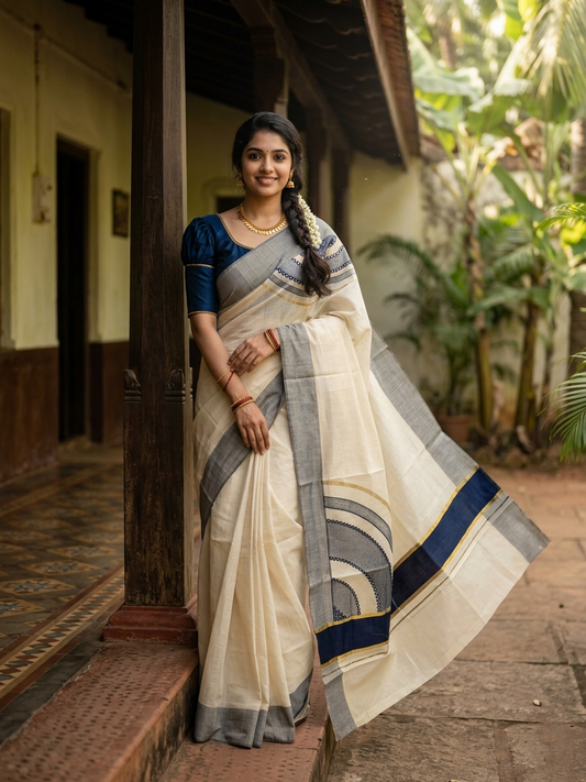 Southloom Kerala Tissue Kasavu Saree with Blue Mirror Work