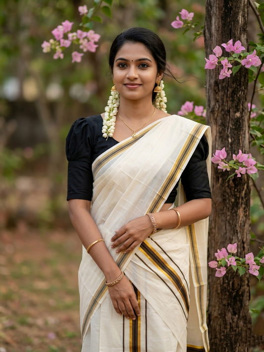 Kerala Cotton Mundum Neriyathum Single (Set Mundu) with Kasavu and Black Border 2.80 Mtrs