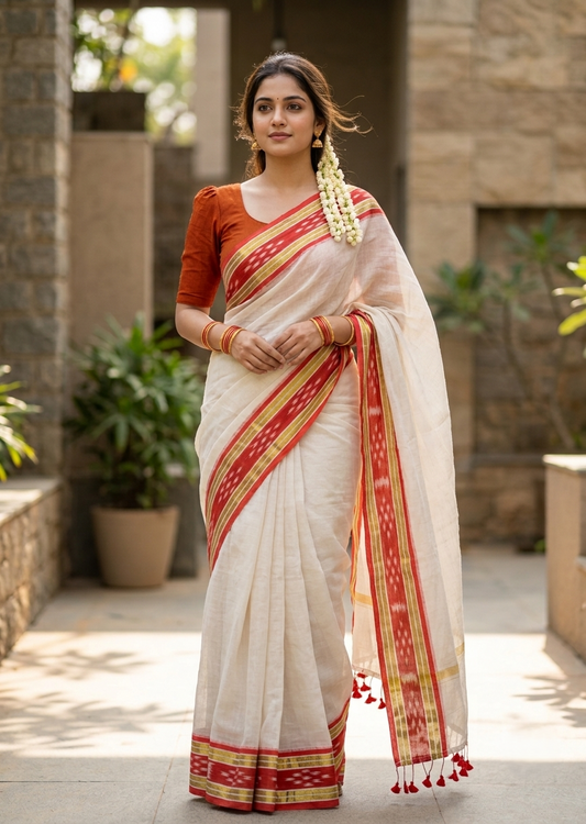 Southloom Mul Cotton 120 x 120 Soft Fabric Saree with Gold& Orange in Border SL215