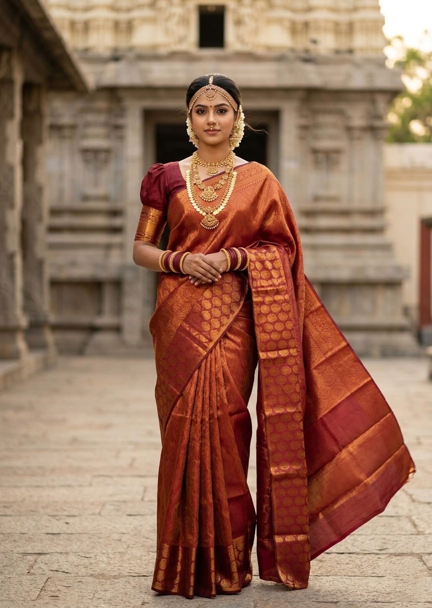 Southloom Brocade Silk Bridal Saree WIth Woven Borders And Blouse Piece in Gold and Maroon