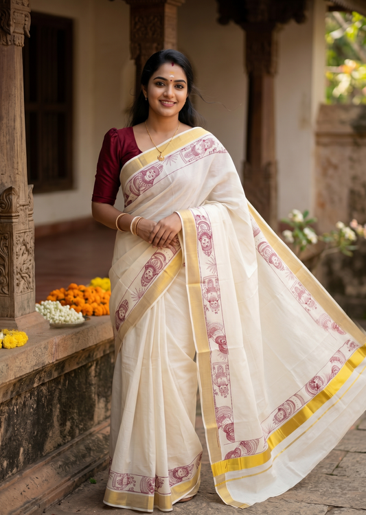 Southloom Cotton Kerala Kasavu Saree with Theyyam Mural Painted Design In Maroon SL486