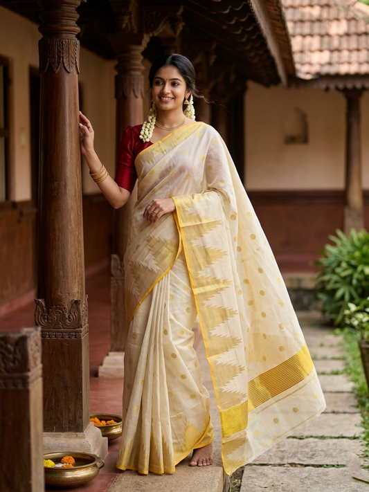 Southloom Tissue Kerala Kasavu Saree with Polka Woven Work on Body and Temple Border