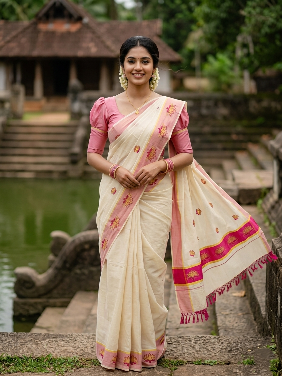 Southloom Kerala Tissue Kasavu Saree with Magenta And Golden Lotus Embroidary Works on Body SL273