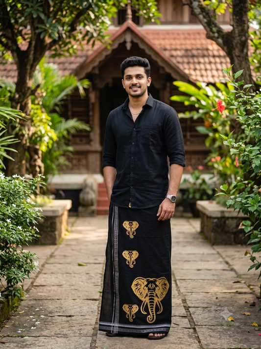 Southloom Black Printed Single Mundu / Otta Mundu / Lungi (South Indian Kerala Dhoti) with Elephant Print SL580