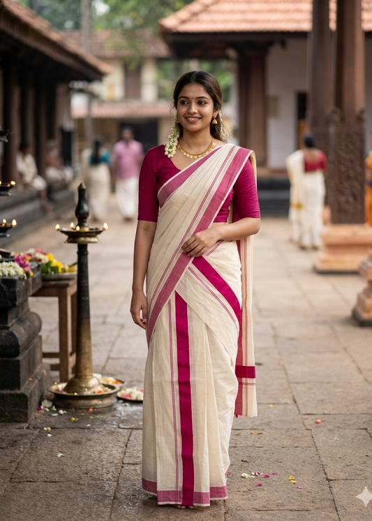 Kerala Cotton Rani Pink Kara Set Mundu 2.80 mtrs SL425