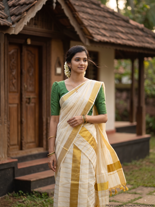 Southloom Cotton Kerala Kasavu Set Mundu (Mundum Neriyathum) with Golden Tassels 2.80 Mtrs