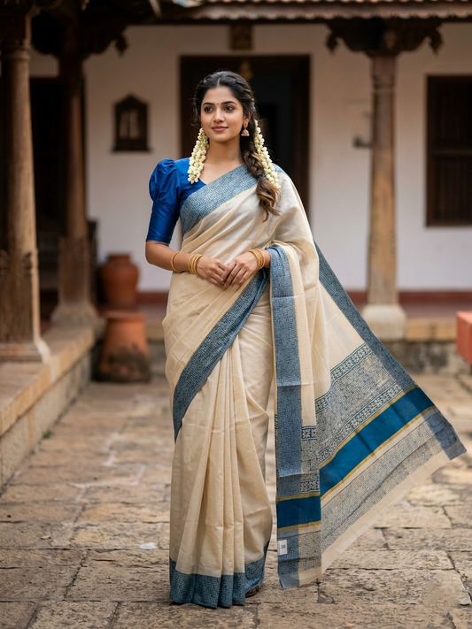 Southloom Tissue Kerala Kasavu Saree with Block Print on Body and Borders in Blue