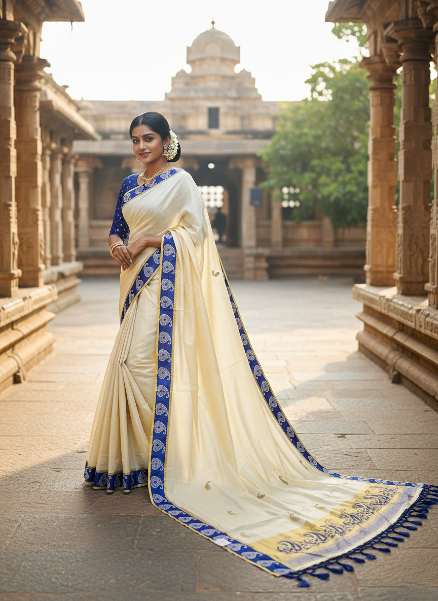 Southloom Kerala Tissue Kasavu Plain Saree with Blue Floral Embroidery Works
