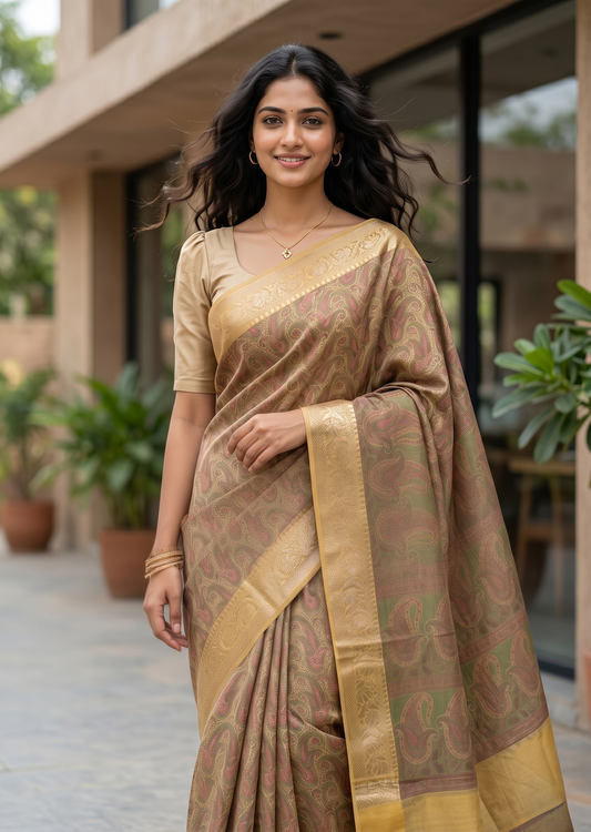 Southloom Resham Work Soft Cotton Banarasi Saree with Woven Work on Body and Borders
