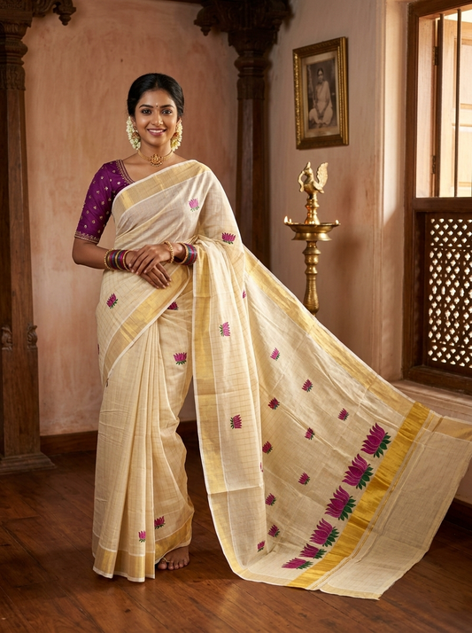 Southloom Kerala Tissue Lines Kasavu Saree with Purple And Green Lotus Embroidery Works