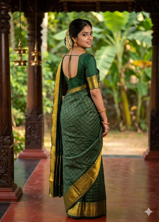 Southloom Semi Silk Saree with Check on Body in Olive Green SL386