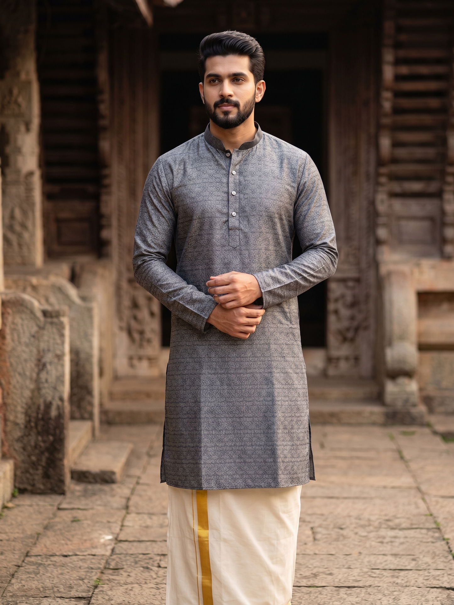 Southloom Grey Woven Patterns Semi Silk Long Kurta for Men SL591